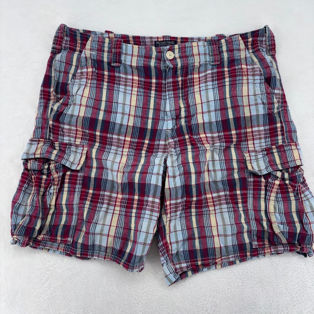 Polo Jeans Co Ralph Lauren Mens Plaid Cargo Shorts Red Blue Size 38 Cotton